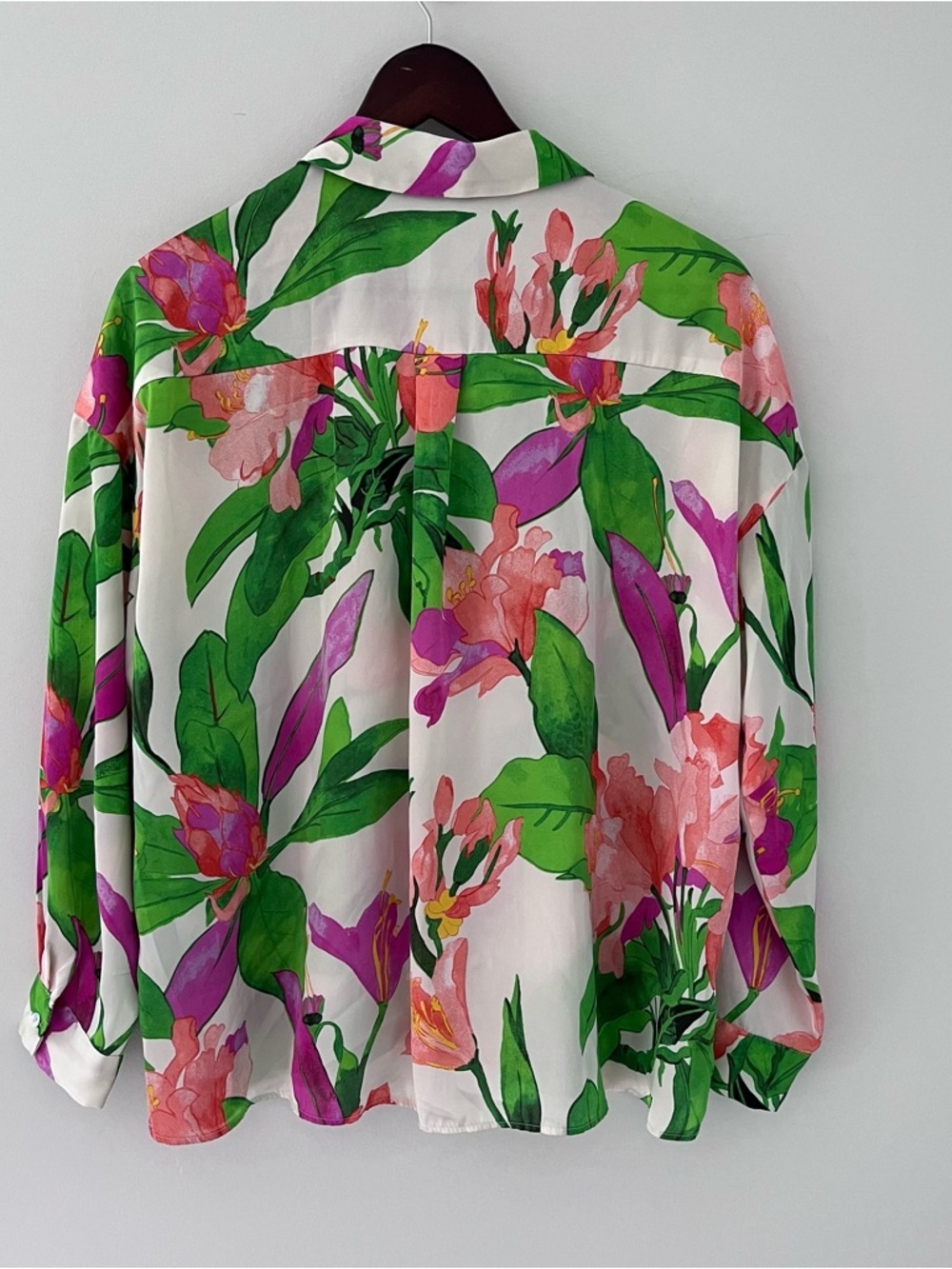Zara Tropical Floral Button Down Blouse XS Pink Green Resort Shirt - Picture 4 of 8